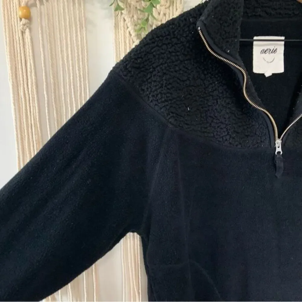 AERIE‎ Women’s Hometown Holiday Quarter Zip Fleece Sweatshirt Black Small - Picture 7 of 16